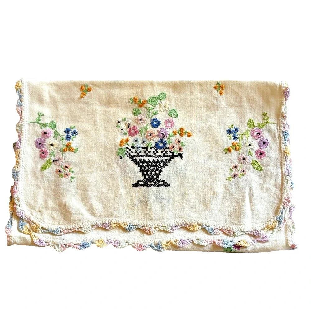 Vintage Flower Embroidered Dresser Vanity Table Scarf Linen Crochet Trim READ - Picture 1 of 9
